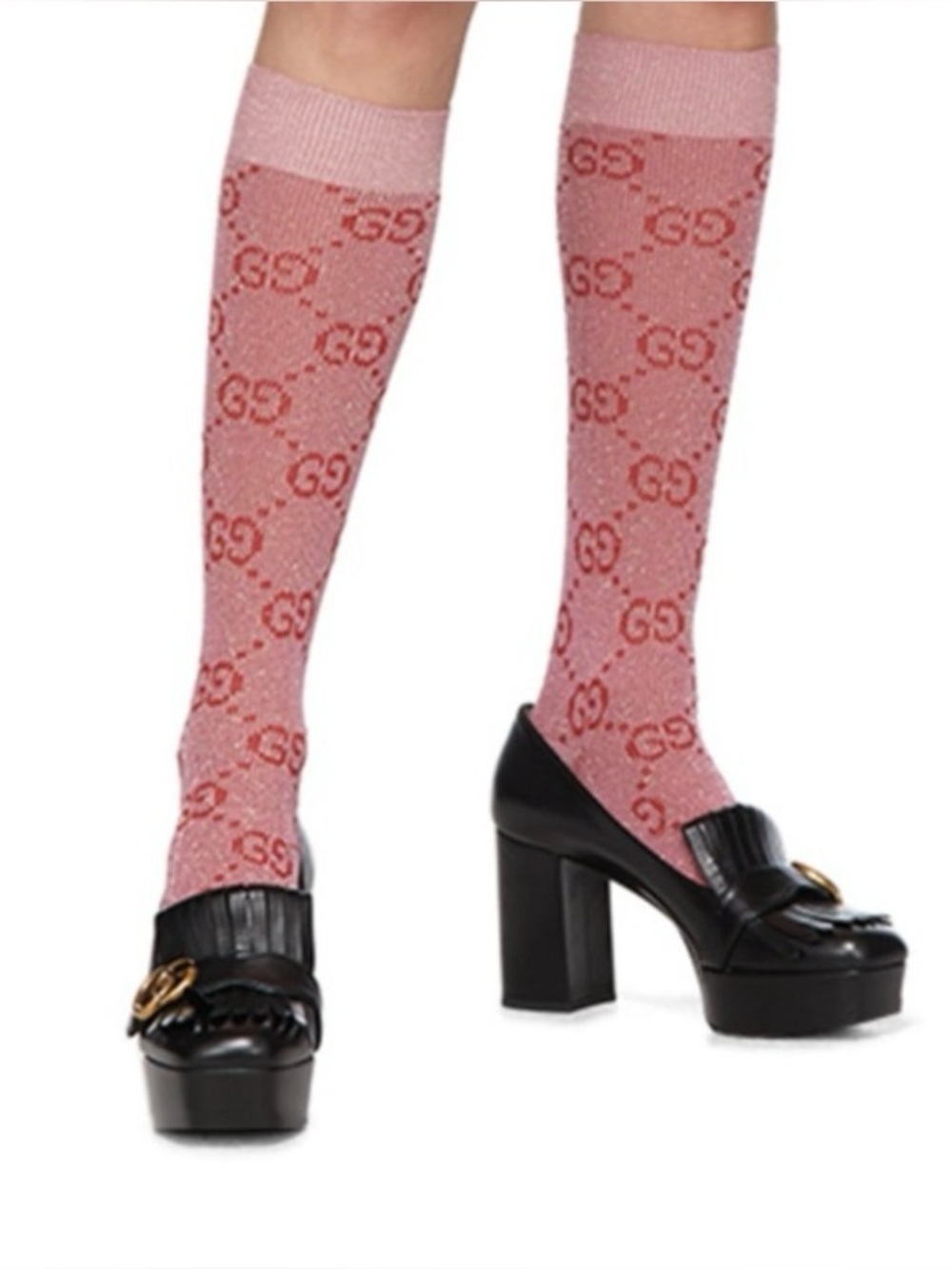 NWT Gucci. Pink With Red Logo Metallic Lame Knee Hight Socks